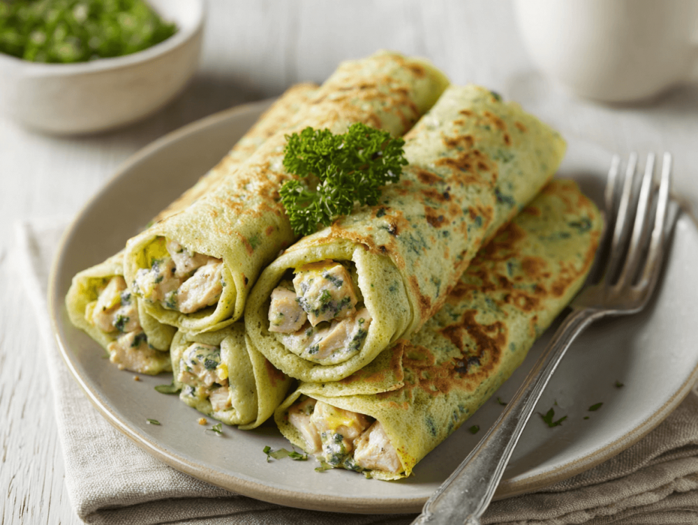 Panqueques de espinaca con filetitos de pollo